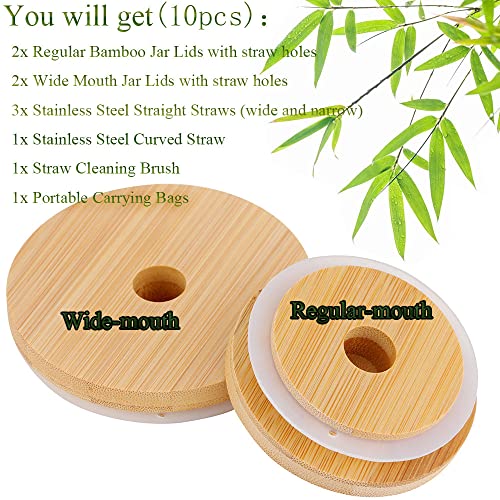 Kuayb Bamboo Mason Jar Lids With Straw Hole, Bamboo Lids For Mason Jars Wide Mouth 86 Mm And Regular Mouth 70 Mm, Reusable Wooden Mason Jars Lids With Stainless Steel Straws, Cleaning Brushes #TOP7