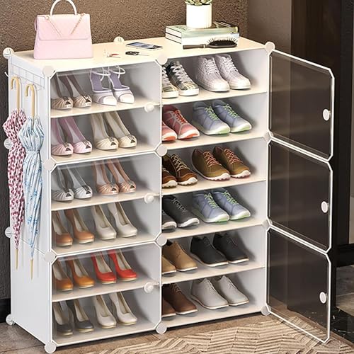 Image of AYSIS 𝟏𝟐 𝐒𝐡𝐞𝐥𝐟 DIY Shoe Rack Box Organizer | Multi-Purpose Plastic Shoe Rack for Home | Home Storage Shoe Rack with Door for Entryway, Chappal Slipper Sandals Shoe Stand【White, 12-Shelf-6-Door】