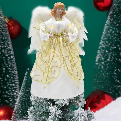 Weihnachtsbaumspitze Engel 32CM,Stoff Christbaumspitze mit LED Licht,Angel Christmas Tree Topper,Tannenbaum Spitze Weihnachtsengel Baumspitze Mit Lichtern, Batterie Nicht Enthalten (Gold)