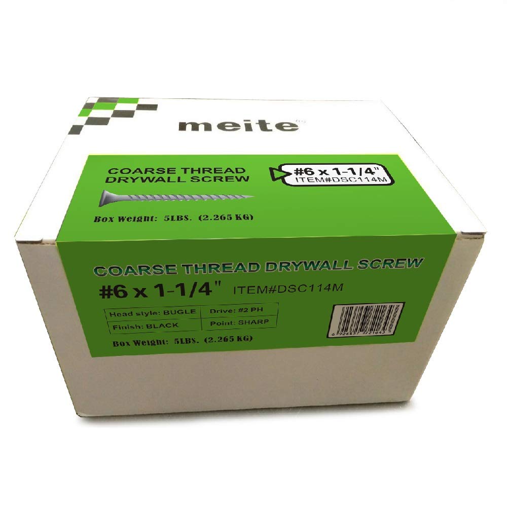 meite #6 Coarse Thread Drywall Screws by 1-1/4-Inch Leg Length with Bugle Head, 5 Pounds Black #DSC114M (8 Boxes (1 CASE))