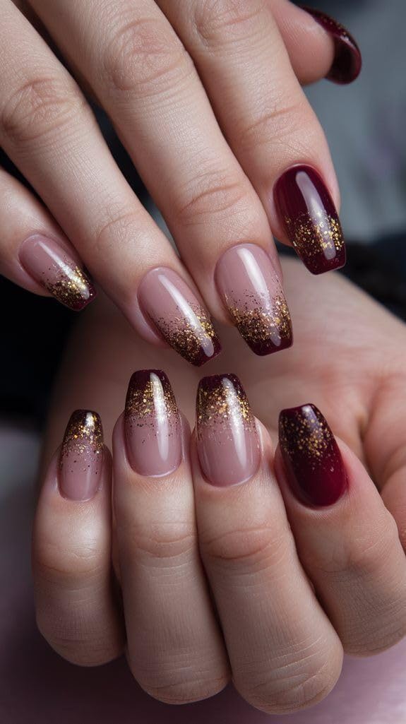 Set Of 14Pc, Short Coffin Nail Extensions For Women, Press on Nails With Glossy Maroon And Gold Glitter Ombre Design With Free Glue Kit-image-14