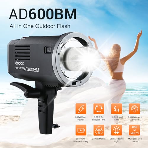 Image of GODOX AD600BM Outdoor Flash Strobe Light, 600Ws GN87 2.4G Bowens Mount Monolight, 8940mAh Lithium Battery, 500 Full Power Flashes, 0.01-2.5s Recycle Time, Battery-Powered Outdoor Photography Lighting