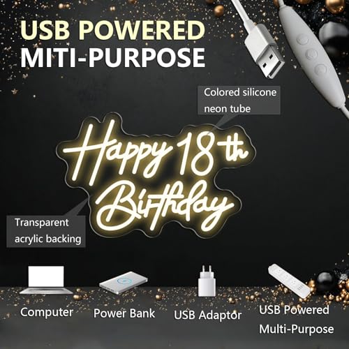 Image of Happy 18th Birthday Neon Sign For Birthday Party16.5 inch*10.5 inch Neon Happy Birthday Led Neon Light For Party Backdrop Wall Decor With Dimmable Switch Birthday Light Up Sign Birthday Gift