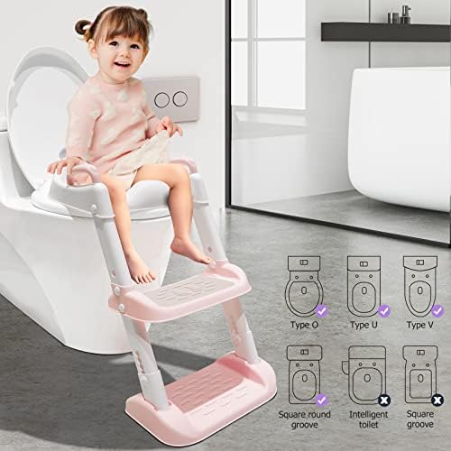 Potty Training Toilet Seat Toddler, Kids Steps Toilet Trainer with Stairs Stool & Soft Pad, Baby Travel Adjustable Height Non-slip Step Ladder Foldable Portable Potty Chair Adapter with Handles | Pink