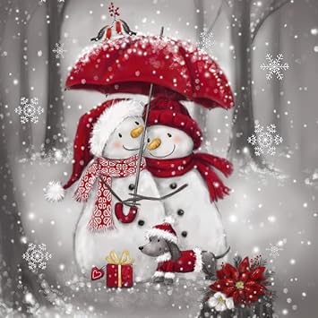 Lot de 20 serviettes en papier avec motif bonhomme de neige et parapluie - Pour décoration de table - Élégantes - Pour le découpage et le découpage - 33 x 33 cm