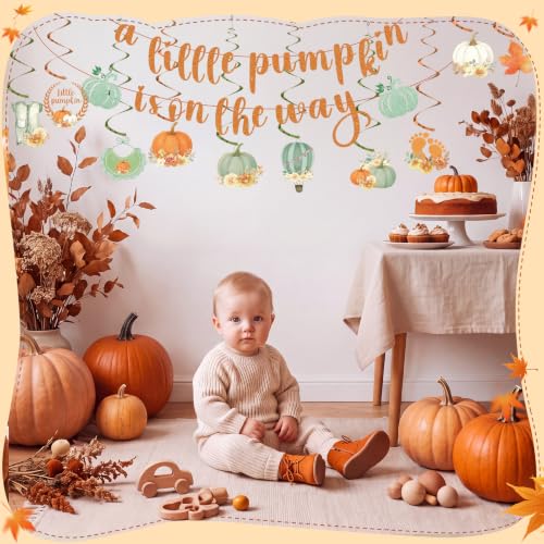 Image of Little Pumpkin Banner and Hanging Swirls Fall Baby Shower Decor