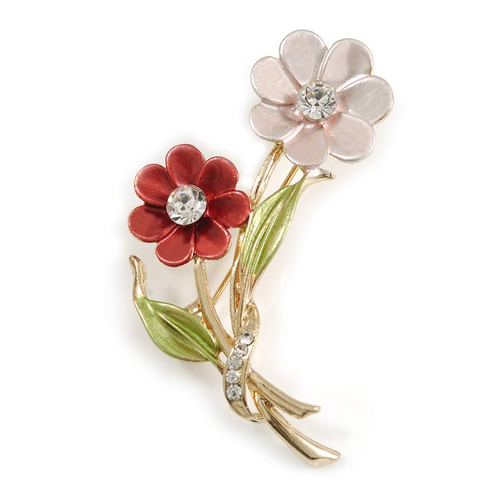 Avalaya Pink/Coral/Olive Two Daisy Floral Brooch - 50mm L