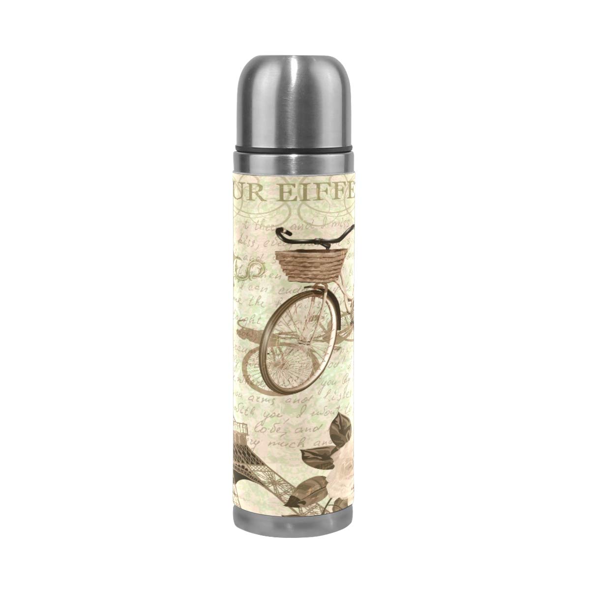 Taza de viaje de acero inoxidable con aislamiento al vacío, doble pared, a prueba de fugas, diseño vintage de París, impresión personalizada impresa en piel auténtica, termo de 500 ml
