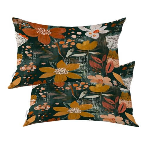 BaoNews Nature Inspired Organic Shapes Outdoor Throw Pillow Covers, Hand Painted Look Warm Color Cushion Cover Digital Water Resistant Linen Hidden Zipperl Indoor Pillows Lumbar 12X20 in 2 Pcs
