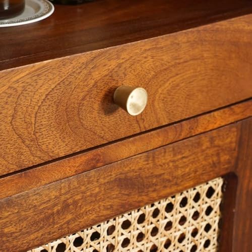 Image of Mid-Century Modern Storage Cabinet, Solid Wood with Rattan Doors, 1 Drawer, Brass Hardware, Bar Hooks W-81 X D-39 X H-114 cm