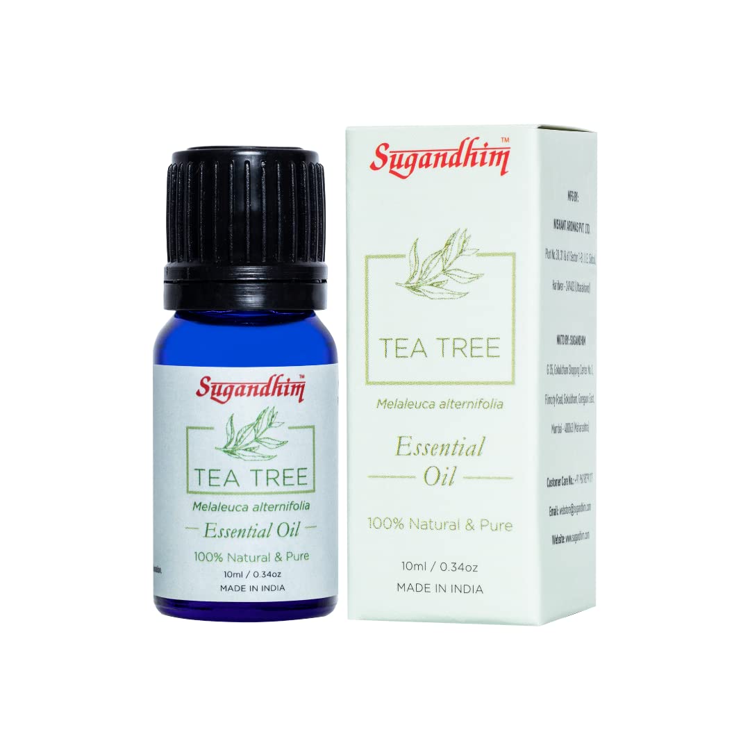 Sugandhim Tea Tree Essential Oil, 1 x 10ml, Steam Distilled, Aromatherapy, 100% Pure, Natural & Undiluted, Organic, Aroma Diffuser, Anti-Dandruff & Hair Fall Control, Reduce Sunburn & Acne