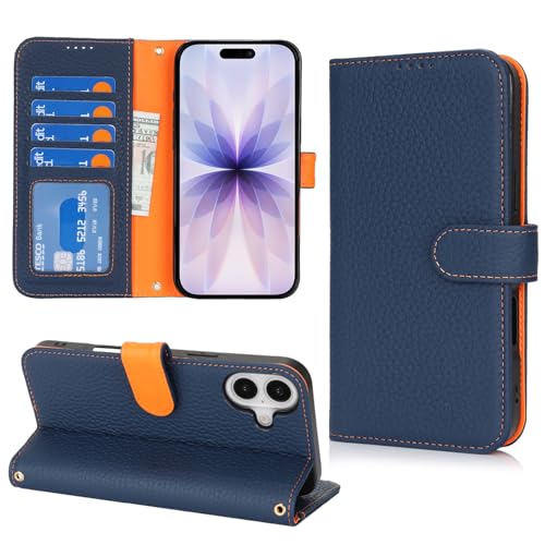 DEYHU 対応 iPhone 17 ケース 手帳型 カード収納 スタンド機能 アイフォン17 ケース 本革 大容量 耐衝撃 カード収納 アイホン17ケース 手帳型 iphone 17 レザー カバー ブルー と オレンジ