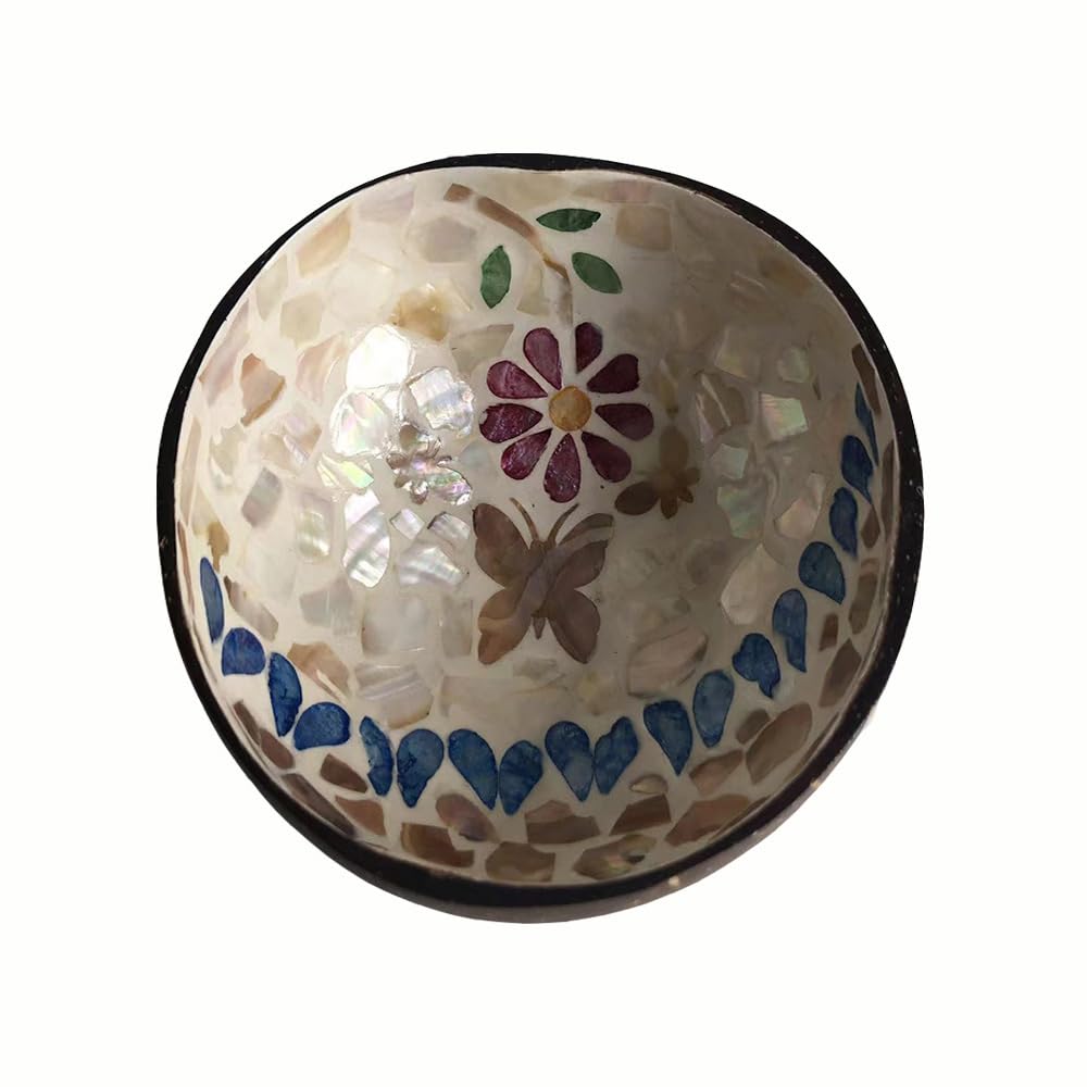 Hiseng Butterfly Hand Painted Coconut Bowl, 500ml, 13.5cm x 6cm, Rustic Decorative Key Bowl for Hallways and Storage