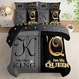 AILONEN Grey and Black Comforter Set Queen IZE,7-Piece K and Q Printed Crown Couple Bed in a Bag,His Her Lover Comforter & Fitted Sheet & Flat Sheet & 2 Pillowcases,2 Pillow Shams