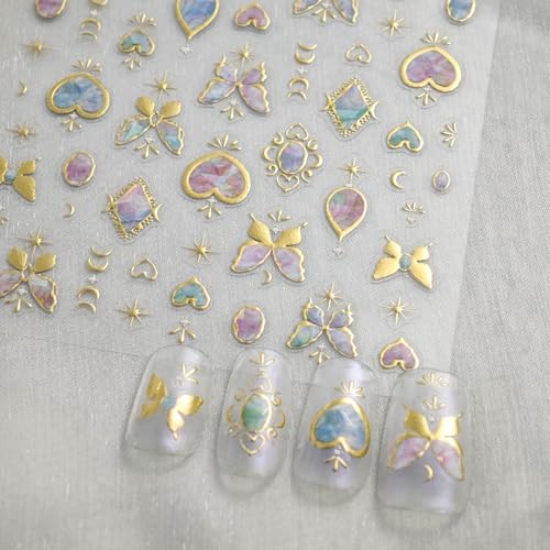 Image of Butterfly Nail Stickers for Nails Art Gold Nail Art Stickers with Design 5D Embossed Heart Nail Decals Self-Adhesive Nails Supply Manicure Supply Decoration for Women Girls Kid