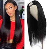 U Part Wig Human Hair Straight Wigs for Black White Women, 16 inch 10A Half Wig 2x4 U Shape Clip in Wigs Remy Human Hair Extension