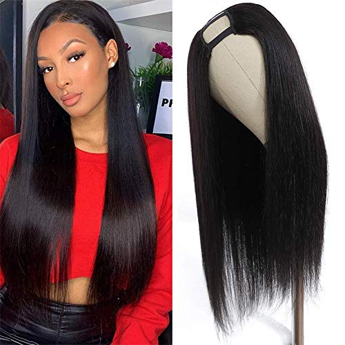 U Part Wig Human Hair 10A Straight Wigs for Black White Women, 18 inch Half Wig 2x4 U Shape Clip in Wigs Remy Human Hair Extension