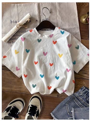 Floerns Girl's Heart Print Crew Neck T Shirt Short Sleeve Cute Casual Tee Top3