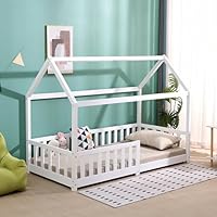 DONEWELL Kids Single Bed Frame - White House-Shaped Bed with Fence,Mattress Size:90x190cm(Mattress Not Included)