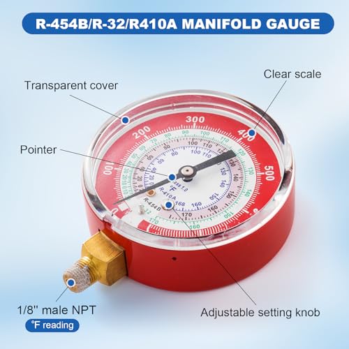 Image of A2L Manifold Gauge, R454B Red High Pressure Gauge, 1 /8 inch Male NPT (80 mm) Refrigerant Pressure Gauges for R-454B R-32 R410A HVAC System, 800 PSI (Red)