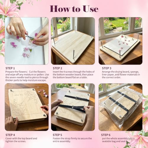 Extra Large Flower Press Kit– 15" x 11" Pressing Tool Set with Double Fastening System (Screw Knobs + Straps) and 6 Drying Boards for Making Dried Flower/Plant,Gift for Arts and Crafts Lovers - Image 5