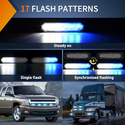 Image of Nilight 6LED Blue White Emergency Strobe lights Sync Feature Surface Mount | 12V 24V Grille Flashing Warning Hazard Light Ultra Slim for Cars Trucks Van Off Road Vehicles SUV 4PCS