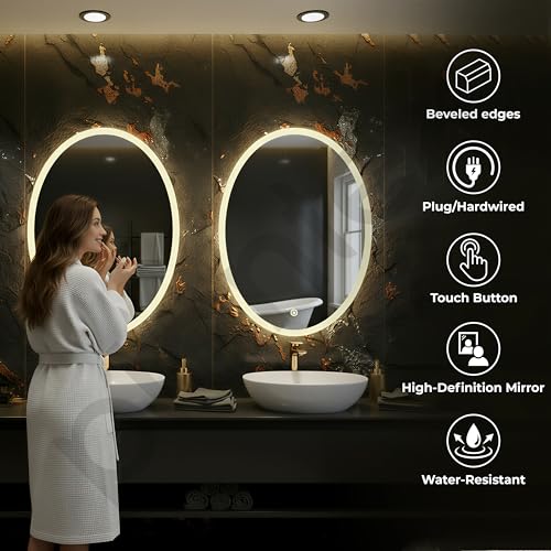 Image of Plantex LED Bathroom Mirror with 3 Tone /Designer Mirror for Living Room /Bedroom /Dressing Room - Oval Shape (18 X 24 Inch)