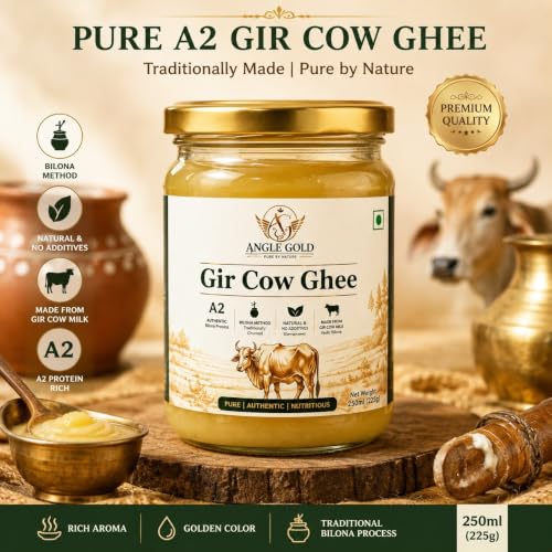 Image of ANGLE GOLD - a2 ORGANIC GHEE - SHREE FOOD Gir Cow a2 Ghee, Organic, Traditional Bilona Method, No Additives, 250ml