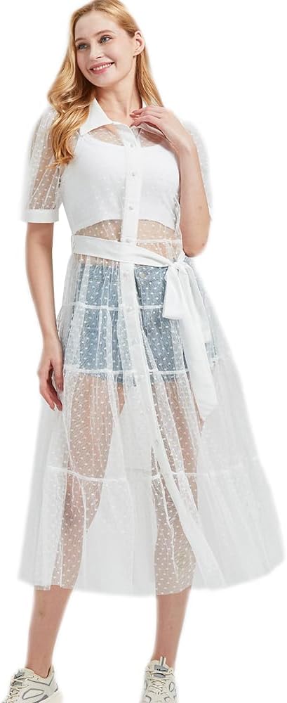 Women Sheer Mesh Button Down Shirt Dress with Waist Belt Summer Beach See Through Bikini Cover Up Swimwear - Image 5