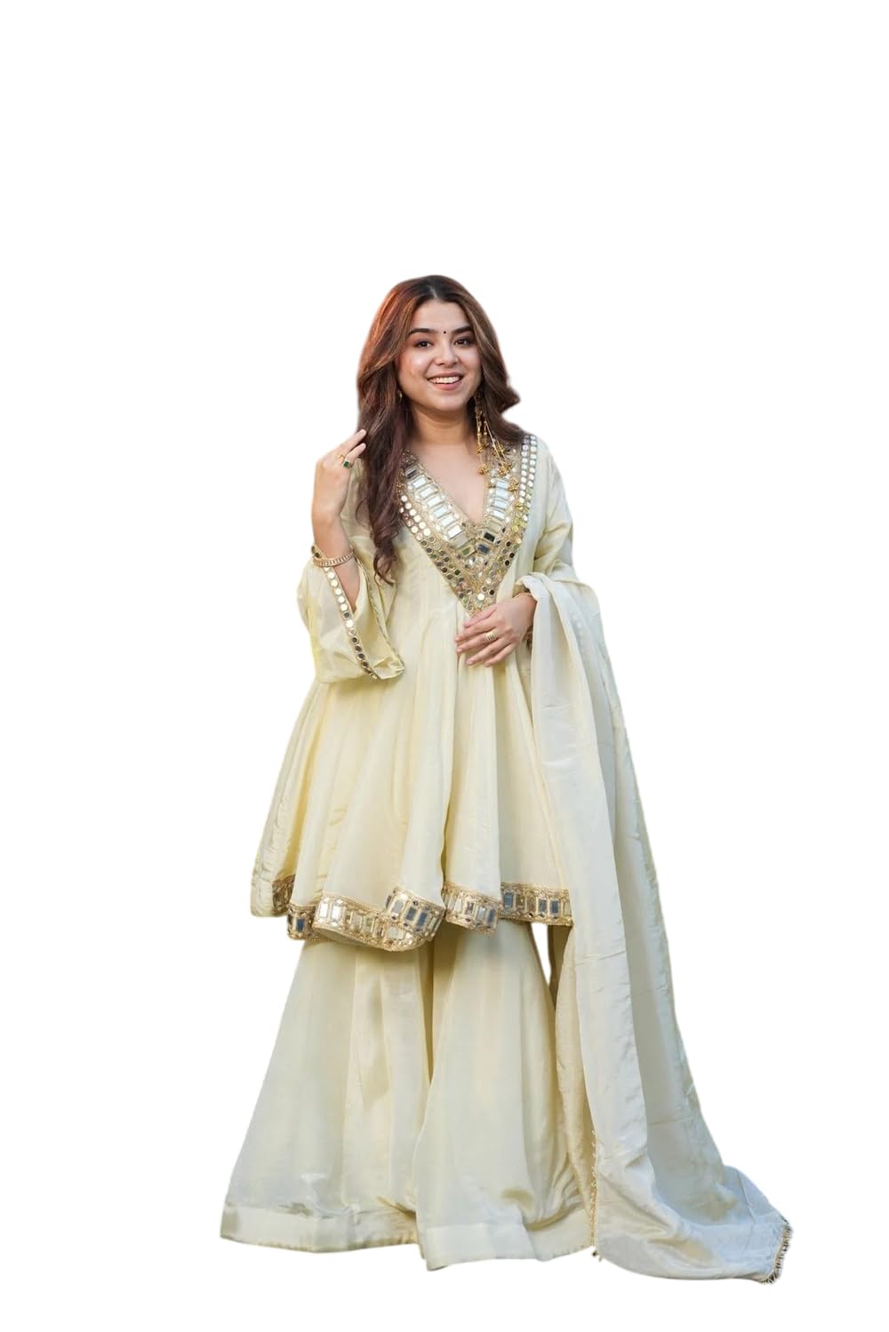 WOMEN Chinon Fabric Like Chiffon Realmirror Embroidered Ethnic Set Of Kediya Top And Sharara Bottom With Lace Border Dupatta-picture-43