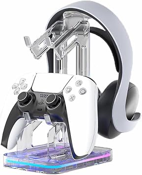 Universal Gaming RGB Dual Controller Holder Headset Stand with RGB Light and 2 USB Charging Storage Ports,Headphone Hanger Gaming Accessories for Desk Compatible with Switch Xbox PS5 PS4 Controller-H