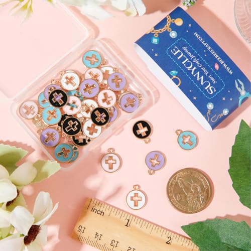 SUNNYCLUE 1 Box 50Pcs Cross Charms Bulk Black White Enamel Cross Charm Flat Round Colorful Crucifix Easter Holiday Hollow Charms for jewellery Making Charms Women DIY Earrings Bracelets Craft Supplies - Image 3