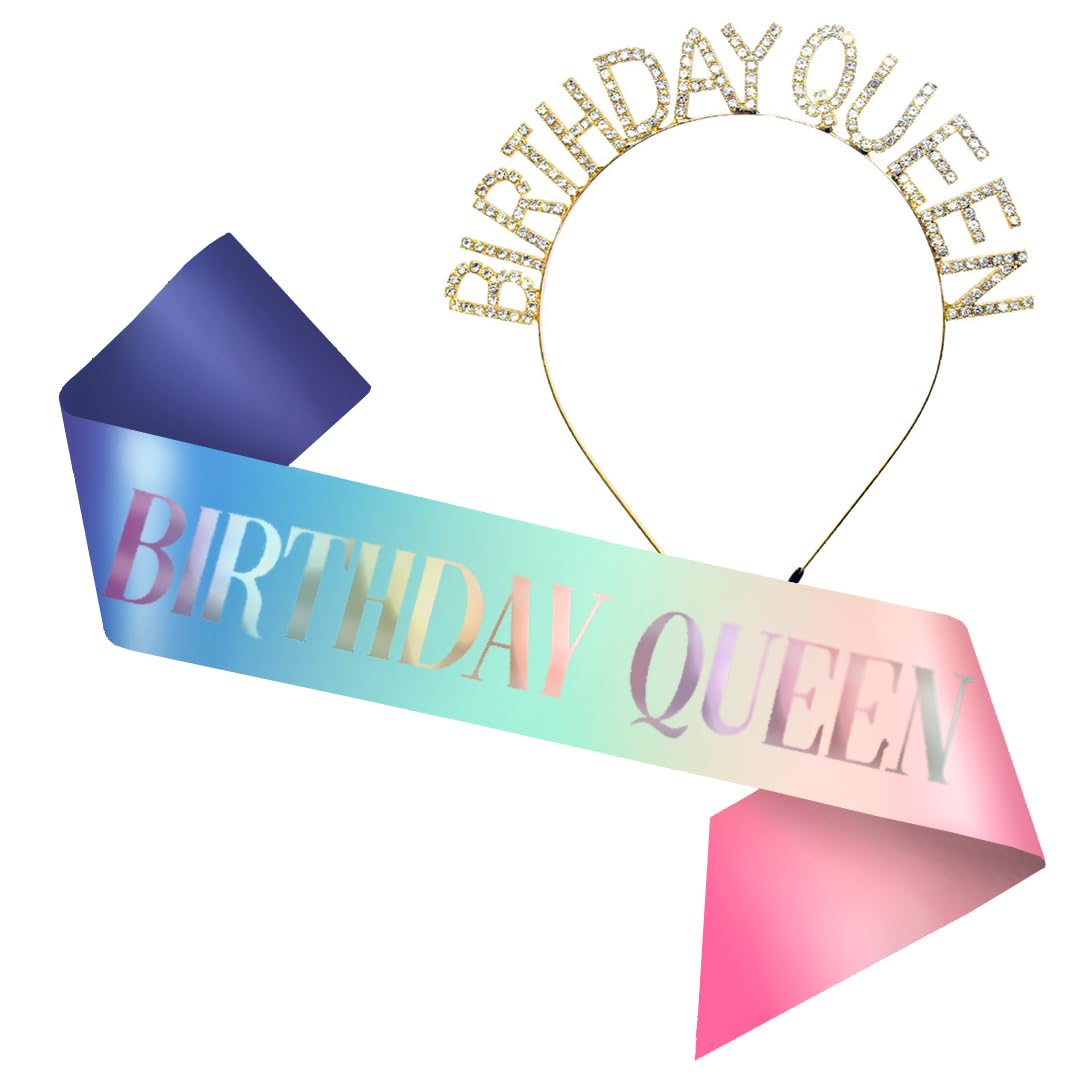Birthday Sash for Women & Birthday Crown - 2Pc Set - Birthday Sash and Birthday Tiara. Ideal Birthday Decorations for Women, Birthday Headband, Birthday Girl Sash, Rainbow