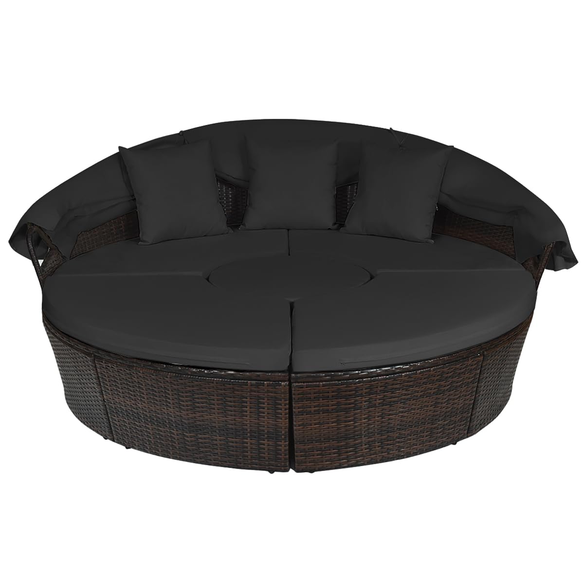 LIFEZEAL Transat Jardin Extérieur avec Coussin et 3 Oreillers, Bain de Soleil Rond avec Toit, Table Basse Réglable en Hauteur, Canapé-lit, Charge 360kg, Chaise Longue pour Piscine, Terrasse (Noir)