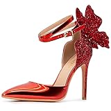 FINDVELL Red High Heels Butterfly Back Sexy Stiletto Pumps Closed Toe Sparkly Ankle Strap Heels Sandals Dress Shoes for Women Size 8.5