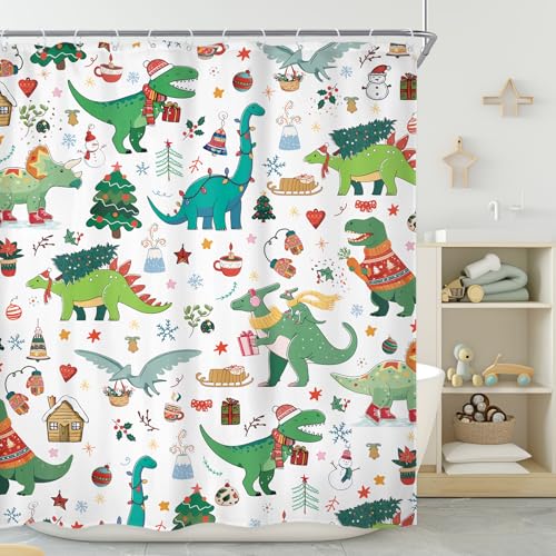 Image of Dinosaur Christmas Green Dino Cartoon Animals Bathroom Shower Curtain Set