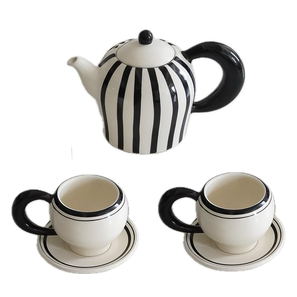Handcrafted Black and White Striped Vintage Ceramic Teapots Coffee Makers and Mugs 5-piece Afternoon Tea Set