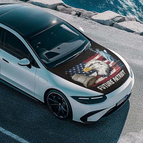Image of USA Flag Wolf Car Hood Cover Elastic Car Hood Cover Banner Future Patriot Car Hood Dust Covers 4th of July Automobile Front Hood Cover Easy Installation