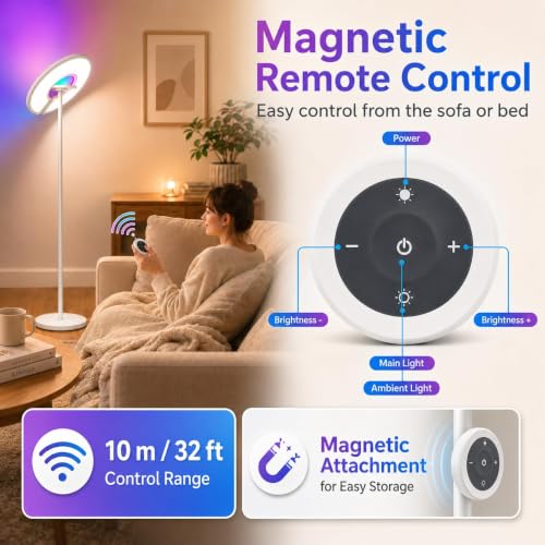 2-in-1 Full Spectrum LED Floor Lamp with Remote, 76'' Tall 350° Adjustable 4100LM Super Bright Reading Lamp with RGB Ambient Glow,Stepless Dimming & 5CCT Modern Standing Lamps for Living Room, Bedroom - image 6