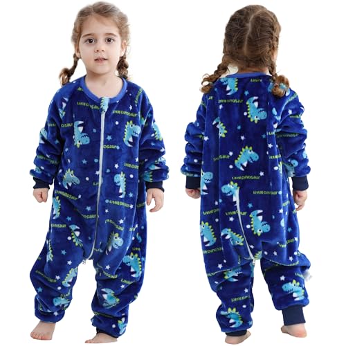 HAHASHOW Gigoteuse a Pied Flanelle Hiver Pyjama BéBé Manches Longues Turbulette Avec Pied 2.5 Tog pour Enfant de 18 à 24 Mois, Dino Bleu