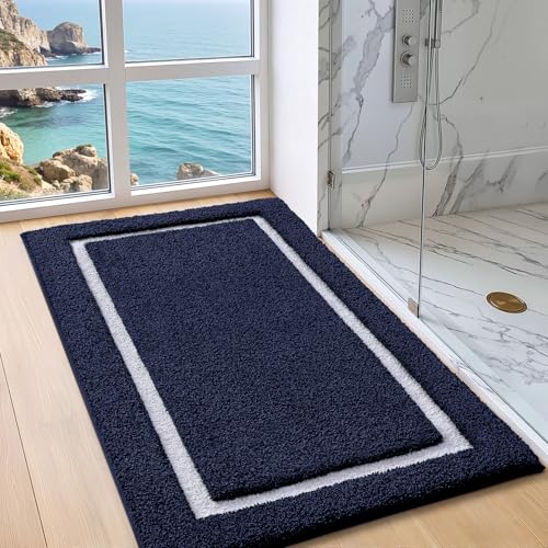 Image of Color&Geometry Navy Blue Bathroom Rugs 43x24, Extra Soft Absorbent Microfiber Bath Rugs, Non-Slip Bathroom mat, Washable Plush Bath Mats for Bathroom, Shower, Bathtub, Laundry, Blue White