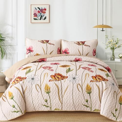 Edredón floral King de WONGS BEDDING, juego beige de 3 piezas de microfibra ligera para todo el año 2