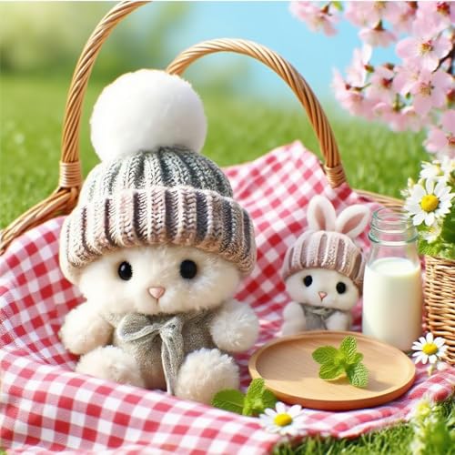 Mini Bunny Hug Cute Easter Gift,Plush Pocket Hug Rabbit With Knitted Hat and Pom Pom,Emotional Support Positive Crochet Mini Ra/bbit Doll,Sending A H/ug G/ift,B/unny Stuffed Animal Sets,Light Grey - Image 4