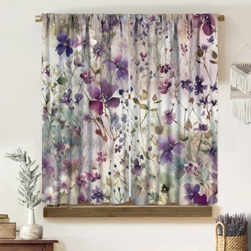 Watercolor Floral Curtains, Vintage Boho Abstract Art Purple Hand Drawn Flower Leaves Plants Drapes, Thermal Insulation Blackout Rod Pocket Window Treatments for Living Room Bedroom Kitchen 42x45in