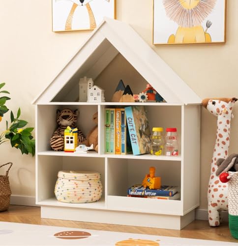 Costzon Kids Dollhouse Bookshelf 3-Tier Wooden Open Bookcase for Toys and Books Baby Bookshelf and Toy Storage Organizer Book Shelf for Kids Rooms Playroom Nursery Classroom (White)