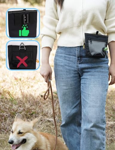 Gobeigo Hunde Leckerlibeutel und Training-Clicker, Zwei magnetische Verschlüsse gegen Verschütten, 2-Tassen Leckerlitasche mit Hundekotbeutel-Spender, Metall-Clip Gürteltasche für Hundespaziergang