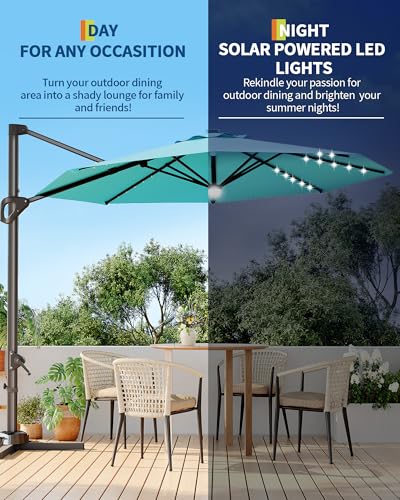 10FT Patio Umbrella Outdoor Solar LED Large Cantilever w/Base Included Market Sun Shade Windproof Offset with 360-Degree Rotation for Garden Deck Pool Patio, Turquoise Blue