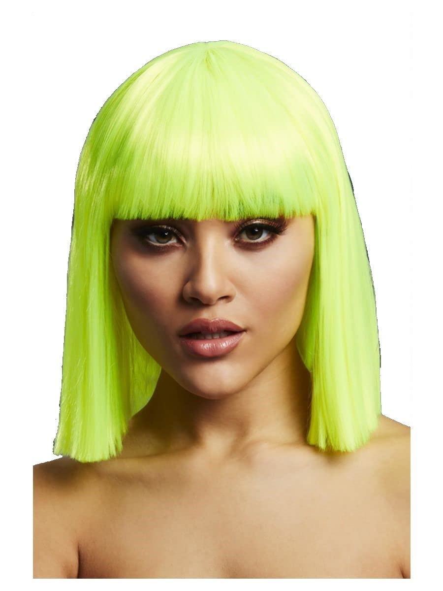 Smiffys Fever Lola Wig, Neon Lime Blunt Cut Bob with Fringe, 30cm/ 12in, Fever Wigs Fancy Dress, Fever Dress Up Wigs