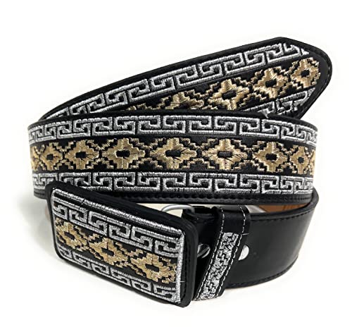 Men's Silver and Gold Color Embroidered Western Belt, Cinto Charro Bordado Color Plata y Oro.