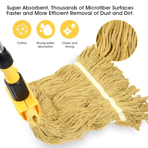 Image of Commercial Mop, Looped-End String Industrial Mop, Heavy Duty Mops with 2 String Mop Heads for Floor Cleaning, Blue and Yellow